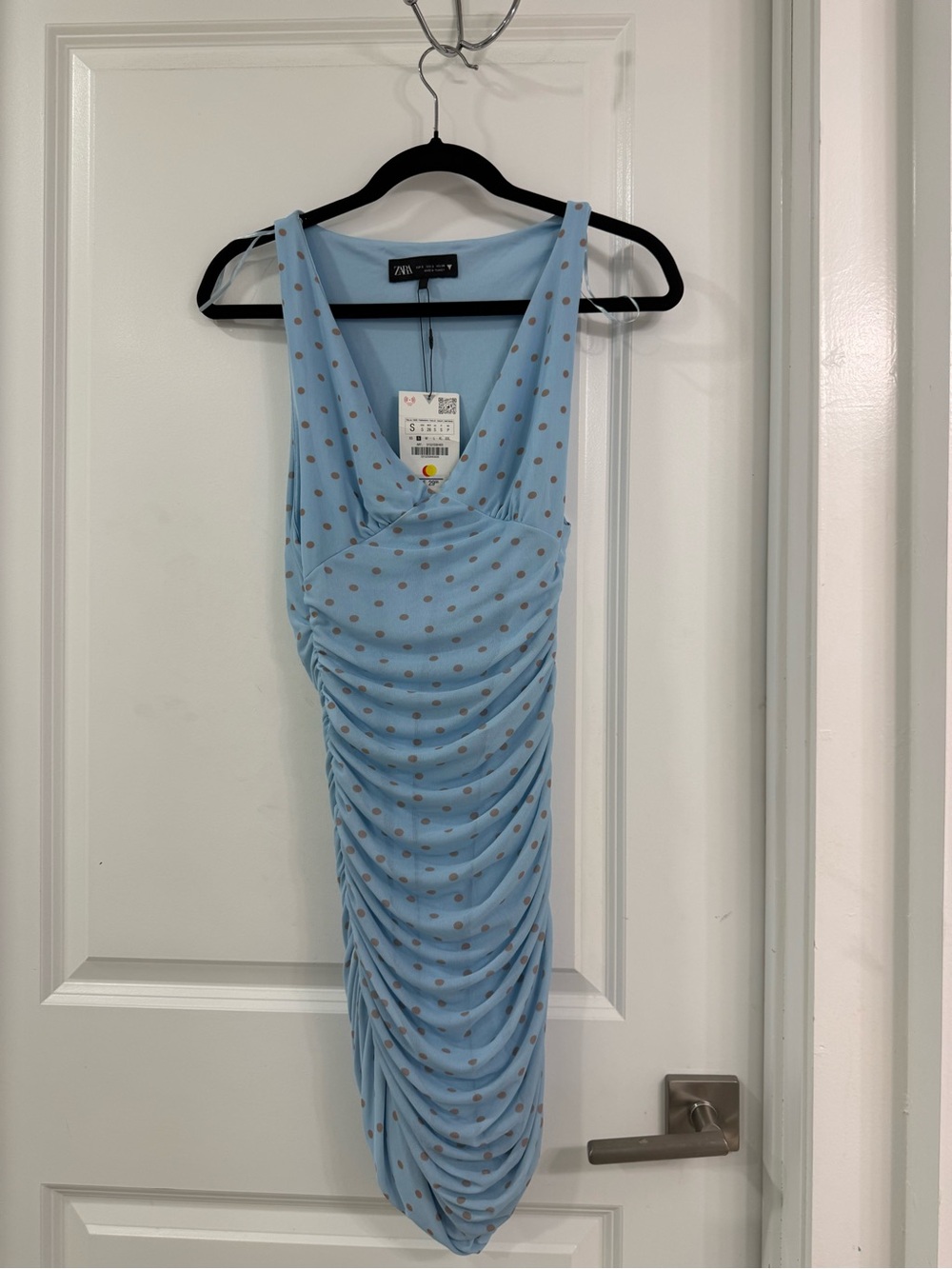 ZARA Light Blue Polka Dot Ruched Midi Dress